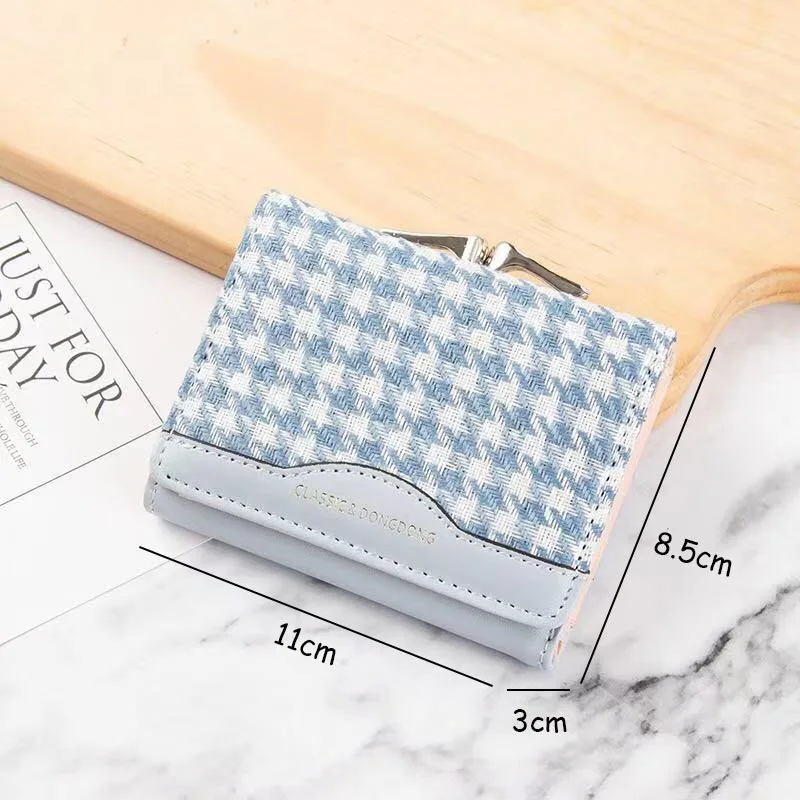 Women's Wallet Fashion Short Buckle Contrasting Color Folding Houndstooth Clutch Purse Ladies Multi-card Card Holder Coin Purse