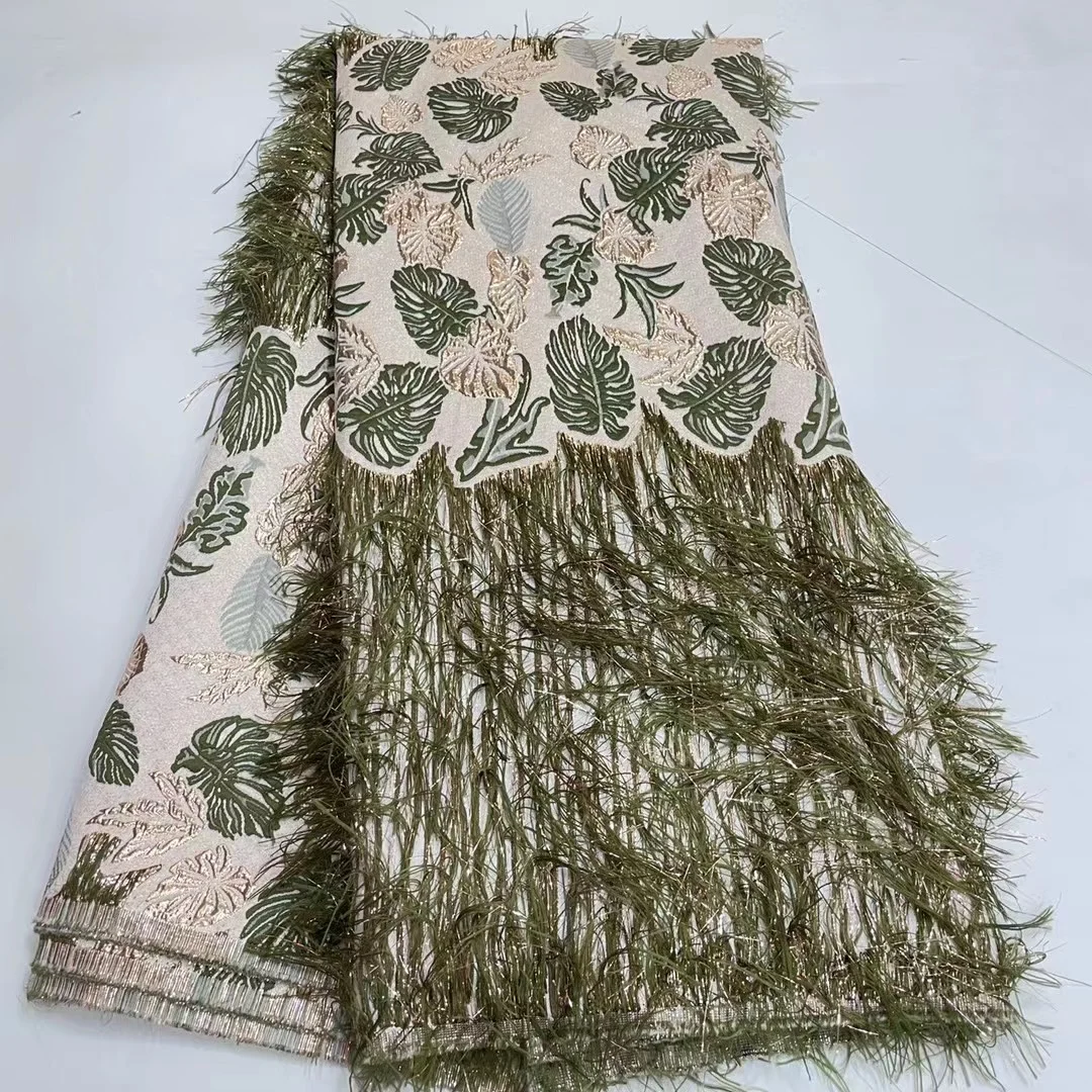 

Модная французская зеленая позолоченная жаккардовая кружевная ткань, африканская высококачественная ткань из парчового пера для свадебного ужина, свадебного платья