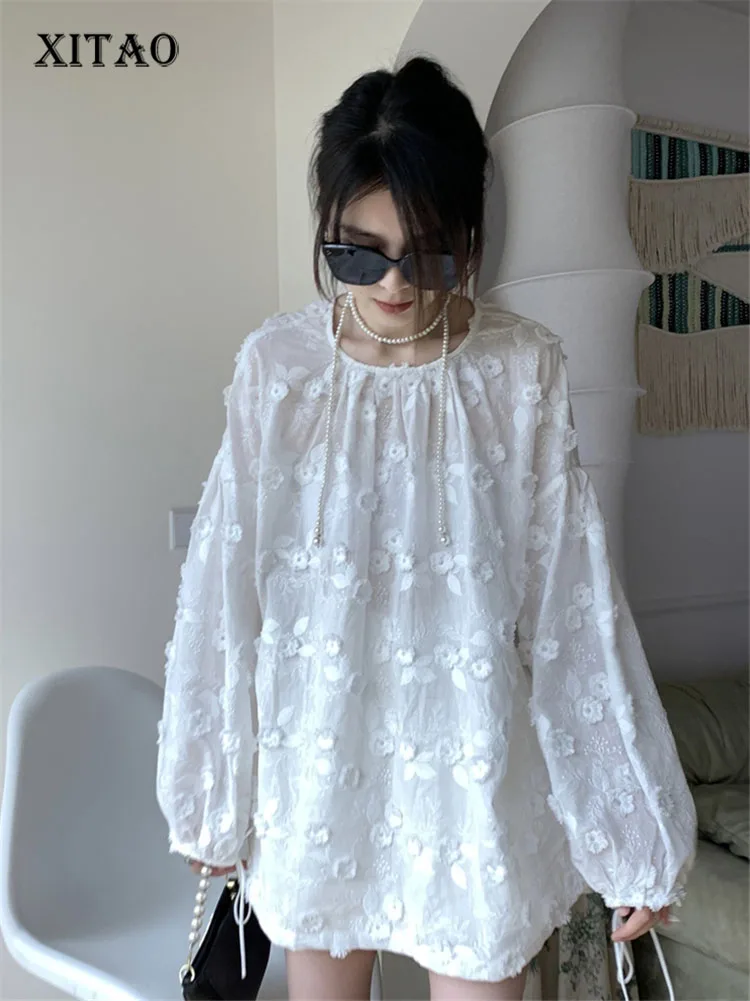 

XITAO белая блузка, Модный пуловер с цветочным рисунком, длинный рукав, богиня, веер, повседневный стиль 2023, маленькая, свежая, перспективная ру...