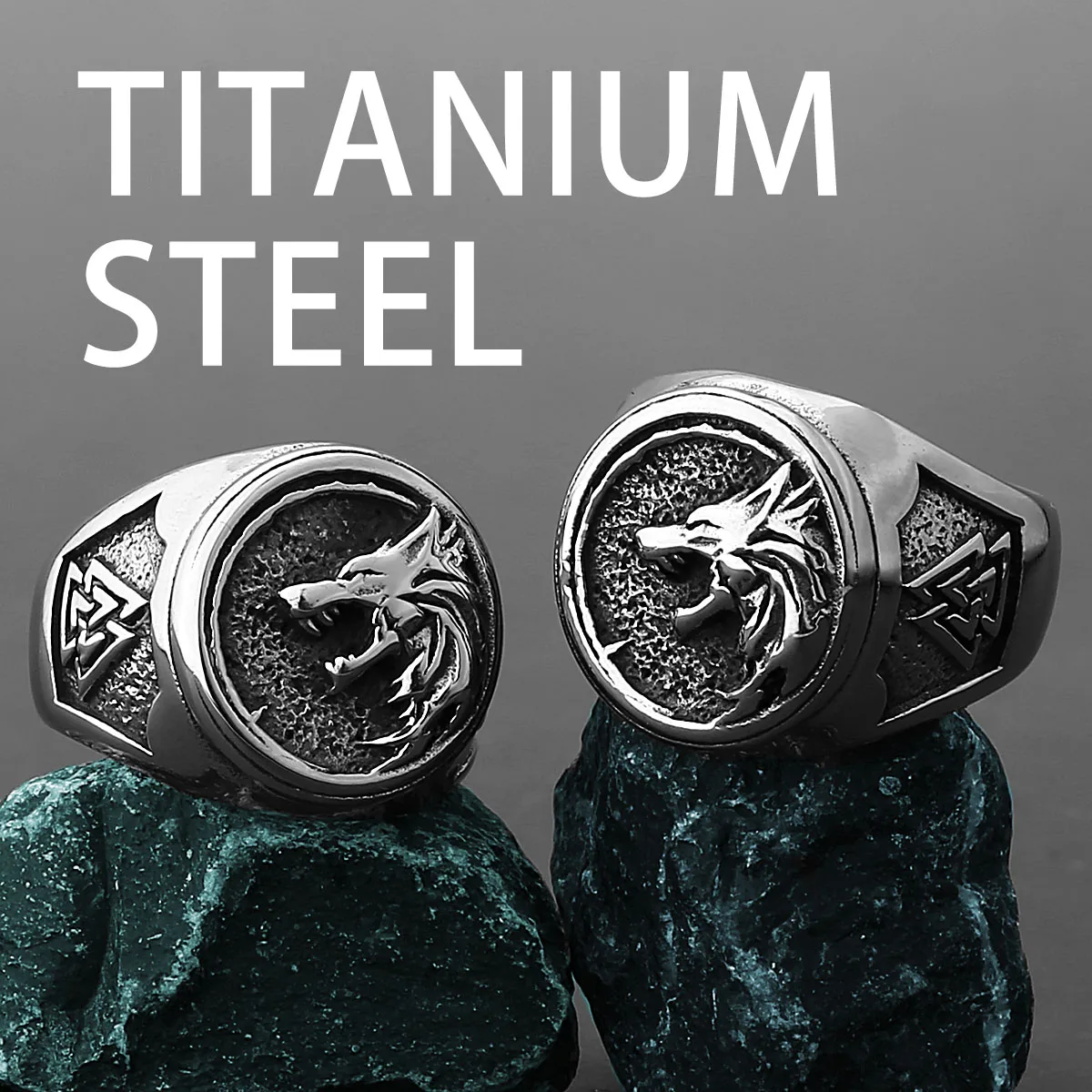 

Viking Valknut Rune Wolf Geri and Freki Men's Fashion Personality Wolf 316L Stainless Steel Ring