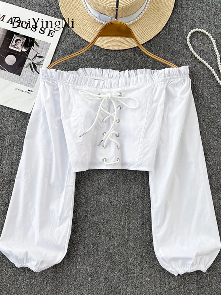 

Beiyingni Sexy Slash Neck Blusas Women White Lace-up Lantern Sleeve Y2K Blouses Girls Casual Cropped Tops Female Plain Shirts