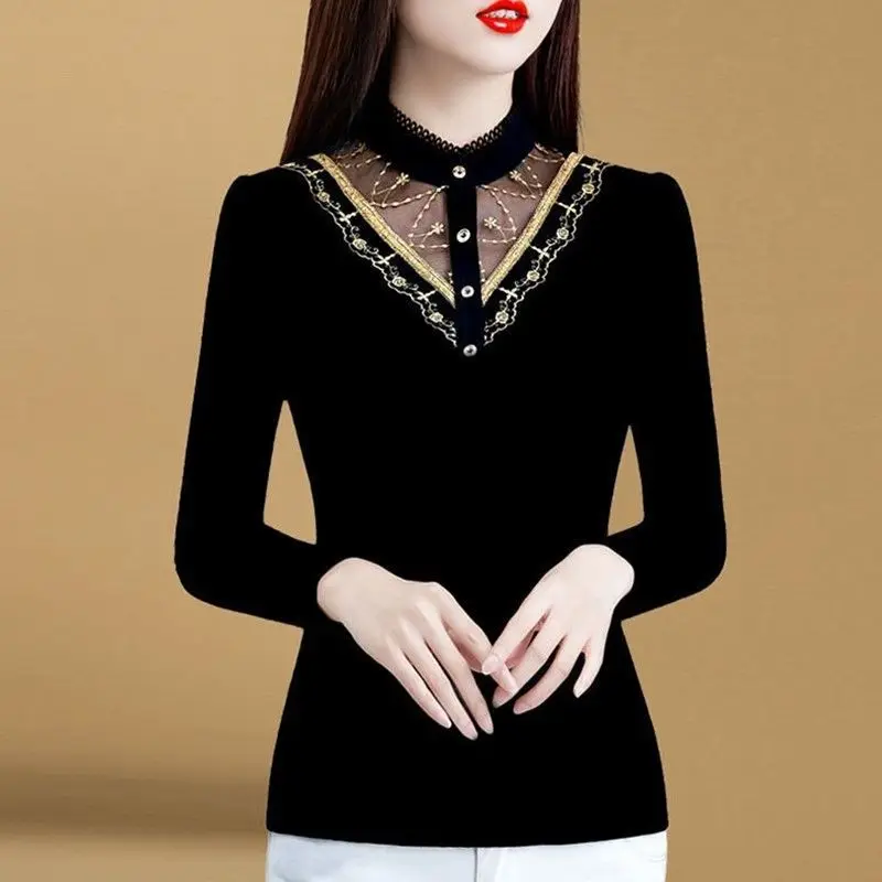 

Сексуальная женская футболка, прозрачные сетчатые Топы с длинным рукавом и воротником-стойкой, облегающая женская однотонная шелковая фут...