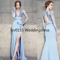 long sleeves blue evening dresses backless deep v neckline lace applique mermaid high split formal prom gowns party dress
