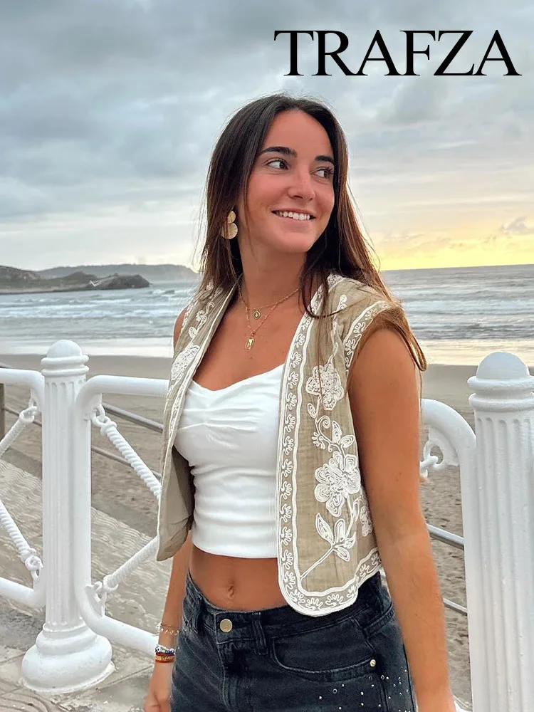 Женский короткий жилет с вышивкой TRAFZA винтажный Повседневный Топ без рукавов 2
