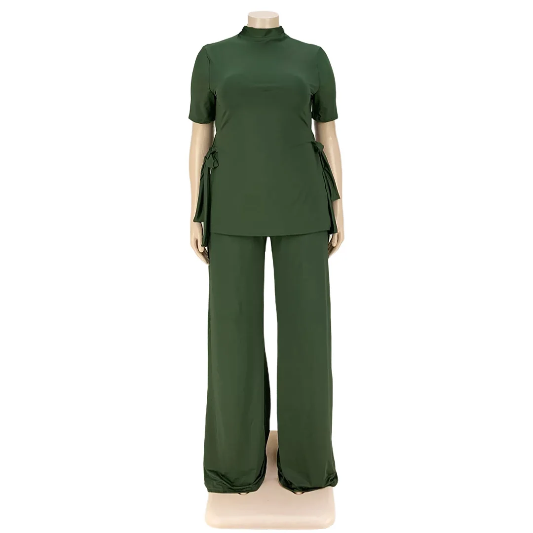 Plus Size Matching Set Plus Size Women's Clothing Set of Two Pieces Winter Woman 2022 Solid O-Neck Elastic Waist Lace Up Slim