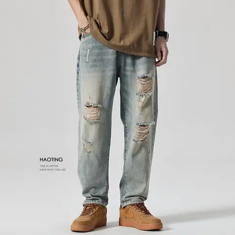 Американские потертые джинсы в стиле ретро, мужские свободные брюки, повседневные универсальные брюки для весны и лета, рваные джинсы