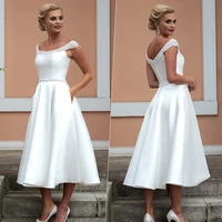 elegant scoop a line wedding dress mid calf simple off the shoulder lace bridal gown backless button satin pleats robe de mariee