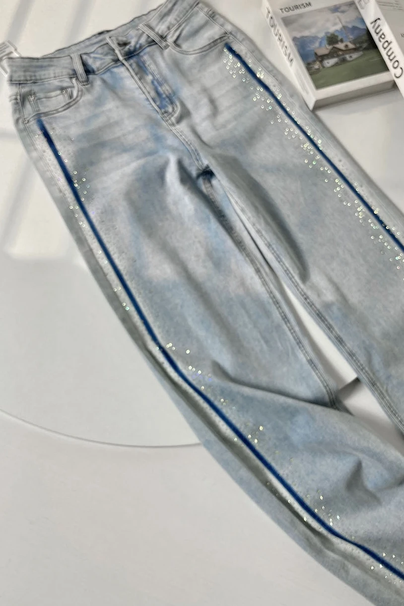 High-End Rhinestone Narrow Wide-Leg Jeans Women's High Waist Slimming Ins Style FashionLoose Elastic Casual Denim Pants Trousers