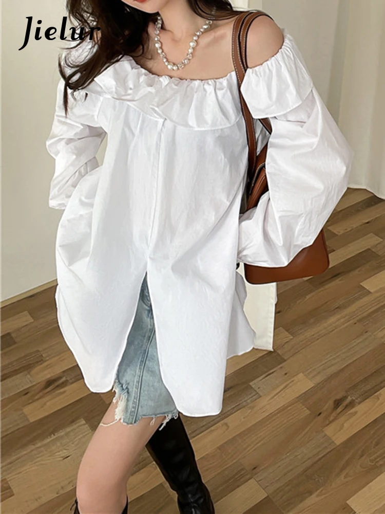

Jielur Spring Summer Ladies Tops Ruffles Slash Neck Women White Blouses Tops Long Sleeve Loose Female Split Shirts 2022