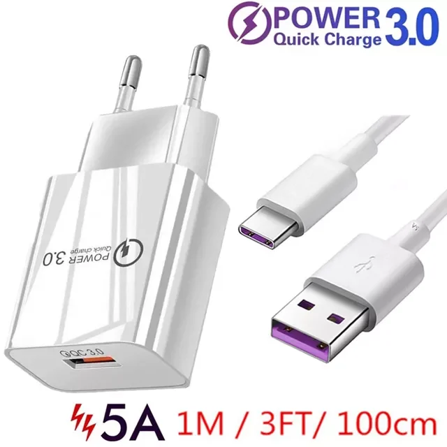 

5A Fast Charger QC 3.0 USB Charger Quick Charge Type C Cable for Huawei Redmi Google Pixel 6 Pro EU US Plug