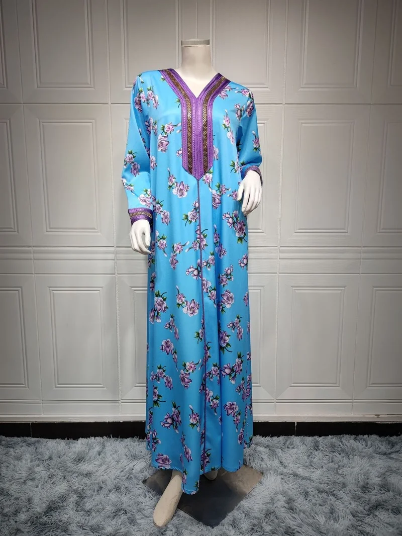 Ramadan Jalabiya Kaftan Dresses for Women Fashion Long Sleeve Abaya Dubai Muslim Print Maxi Robe Moroccan Caftan Arabic Clothing