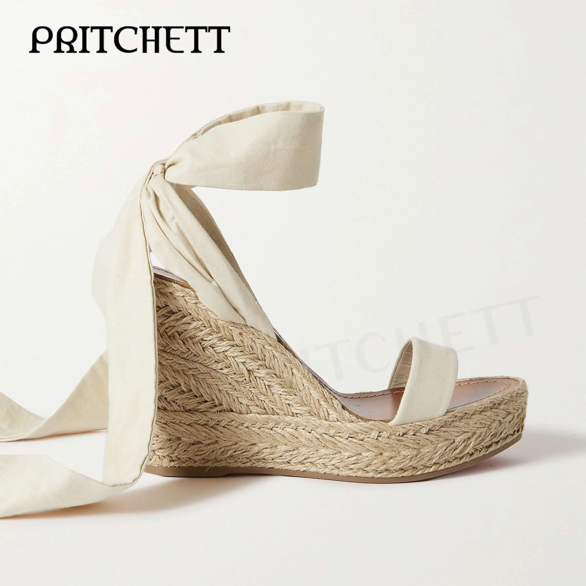White Cotton Canvas Espadrille Wedge Sandals Round Toe Wedge High Heel Sandals Temperament Comfortable Ankle Strap Women's Shoes