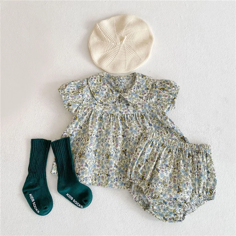 

2pcs Newborn Baby Girl Clothes Retro Floral Cotton Short Sleeve Tops + Bottom Shorts Baby Outfits Set For Girl