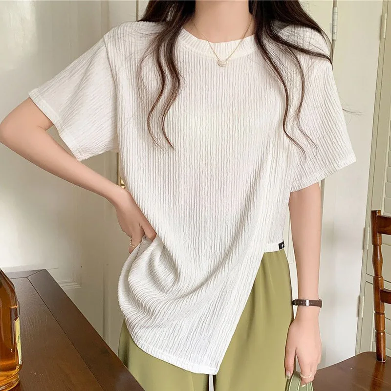 Fashion O-Neck Solid Color All-match Asymmetrical Blouse Women's Clothing 2023 Summer New Loose Casual Pullovers Irregular Shirt