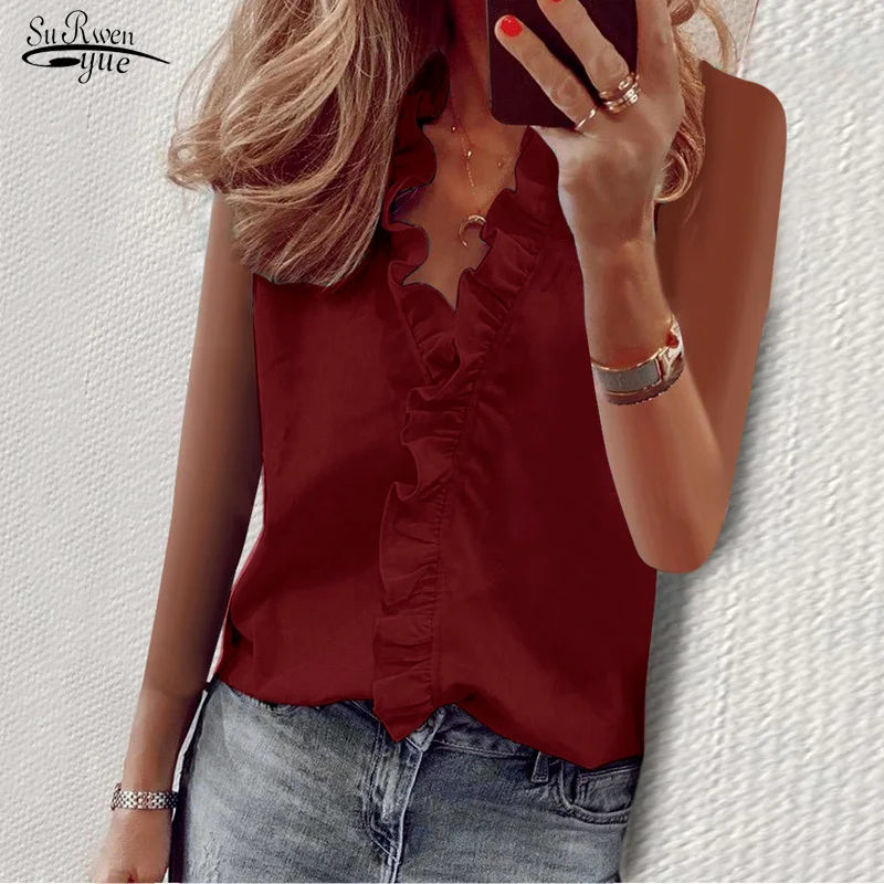 

Summer New Chiffon Ruffles Women Shirt Floral Sleeveless V-neck Loose Female White Clothing Plus Size 5XL Blouses Blusas 21014