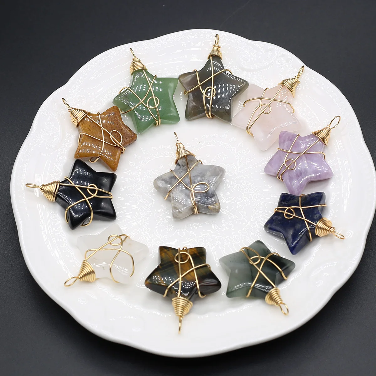 

Natural Stone Pendants Five Pointed Star Gold Color Ware Wrap Tiger Eye Quartzs for Jewelry Making DIY Women Necklace Party Gift