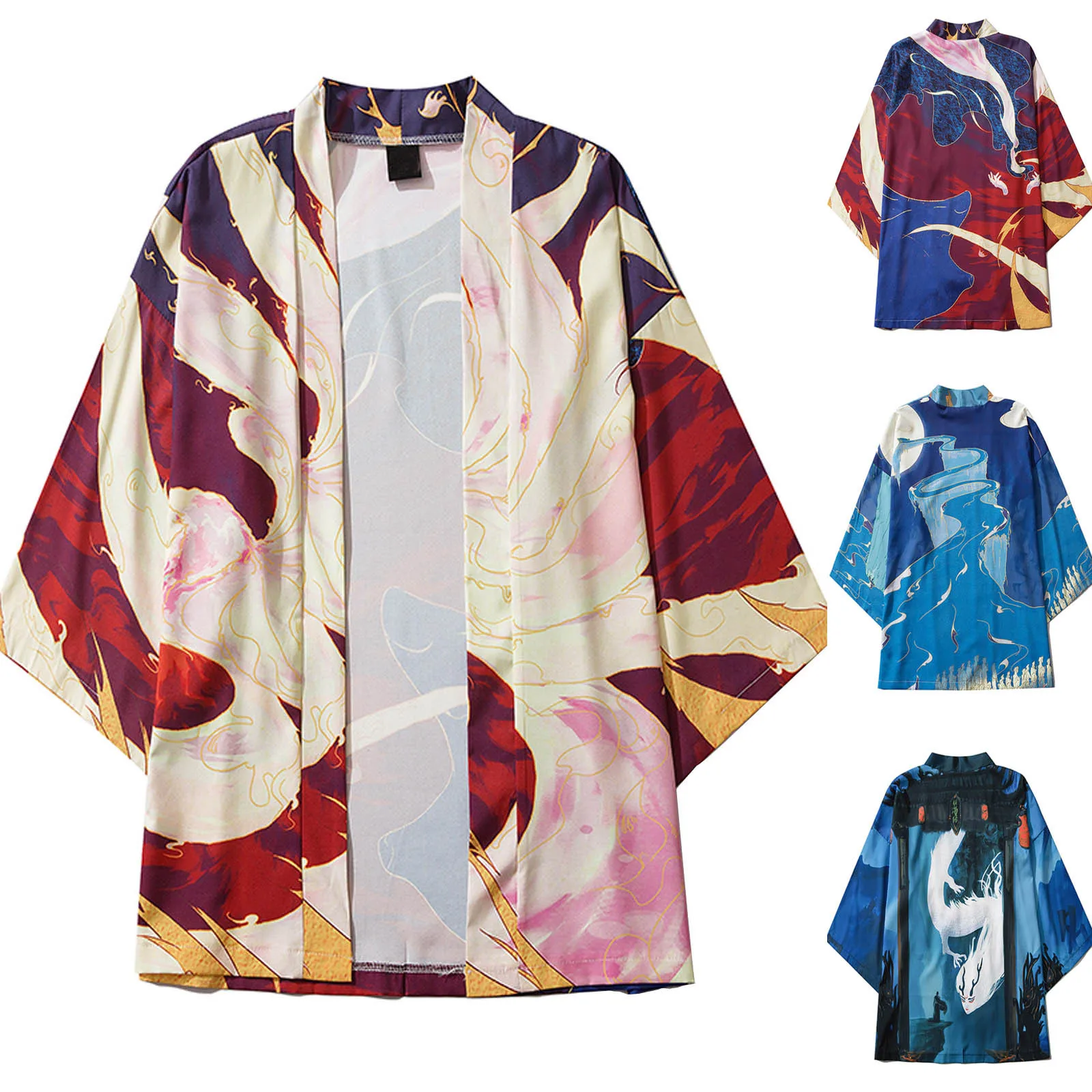 

Стильный кардиган 3/4 Повседневная японская Мужская рубашка свободного покроя Повседневная белая рубашка кардиган с отложным воротником бл...