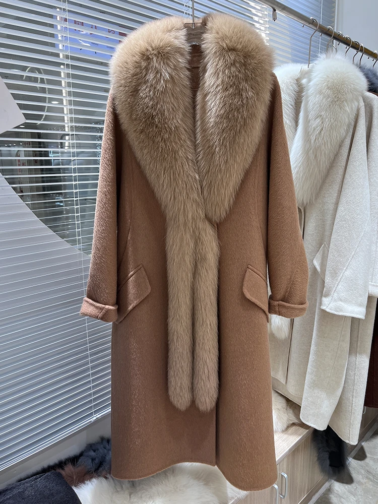 2024 новое модное длинное женское шерстяное пальто с большим воротником из
