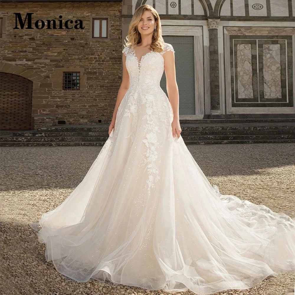 

MONICA Lace Up Off The Shoulder Wedding Dresses For Women 2023 Bride Trendy Deep V-Neck Tulle A-Line Court Train Appliques