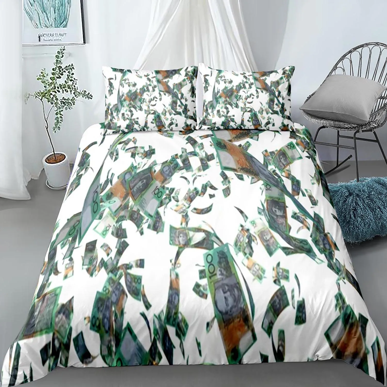 

Dollar Duvet Cover Set, Art Blue Printing Money 3 Piece Bedding Set for Boys Teens Girls Queen/King/Full/Twin Size Quilt Cover