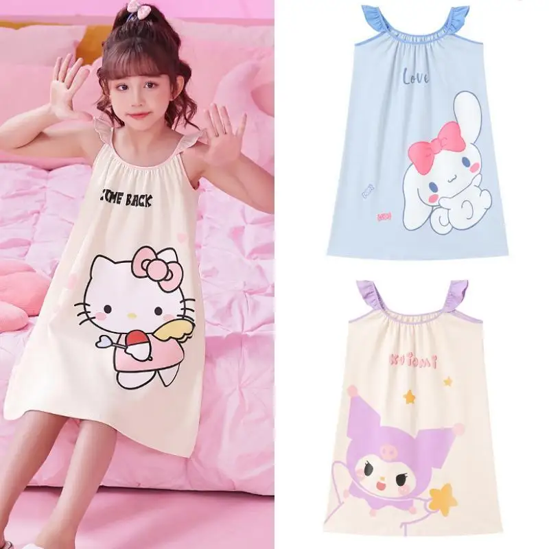 

Летняя Детская Пижама Sanrios Hellokittys Kuromi Cinnamoroll My Melody аниме Kawaii для девочек тонкая хлопковая ночная рубашка
