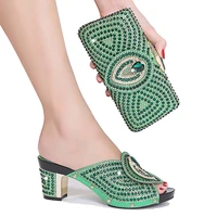 2022 elegant medium heel womens shoes new banquet crystal 43 large fashion spring summer blue purple green silver shoe bag set