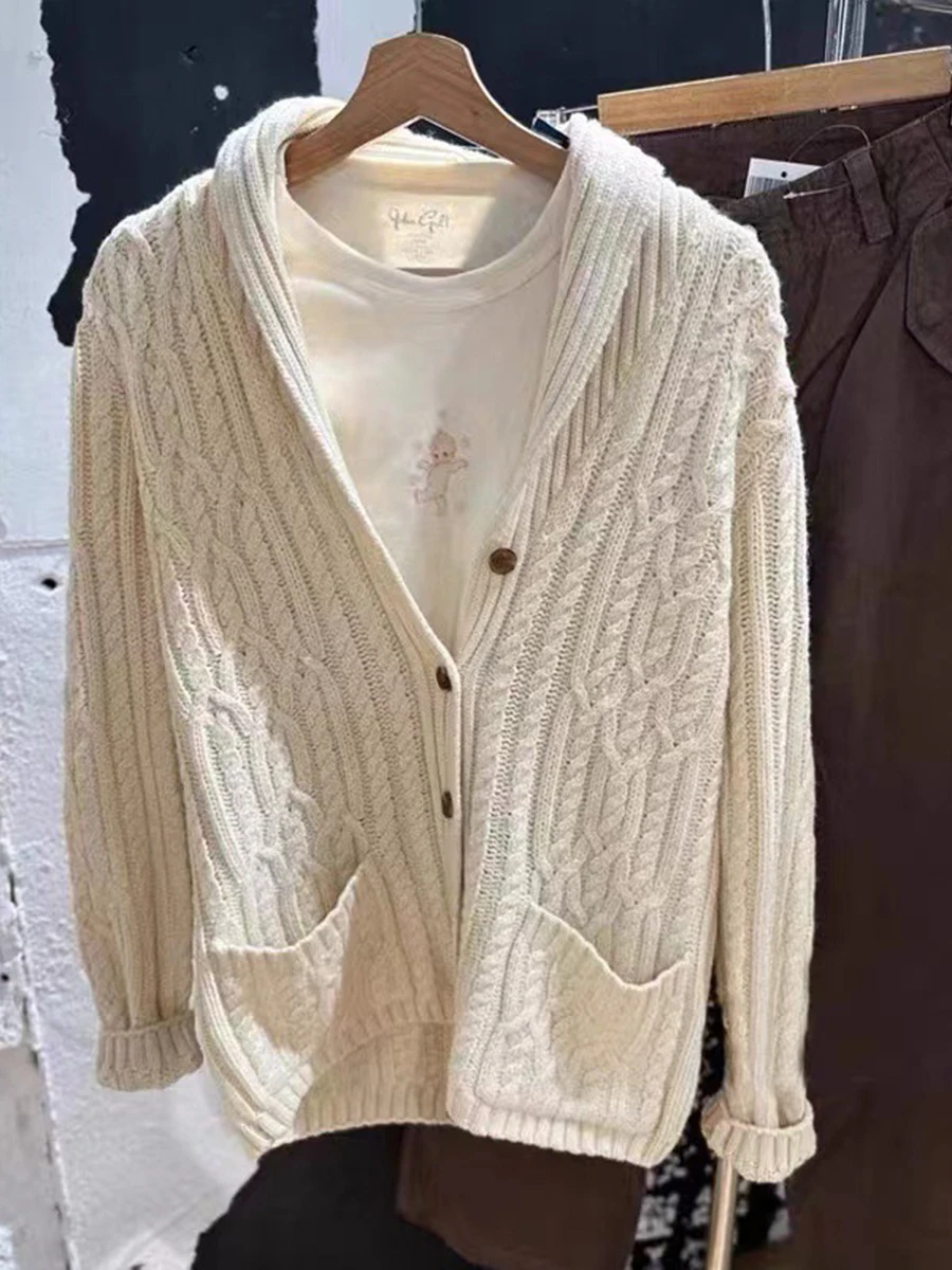 Зимний новый кардиган с витыми карманами свитер женский однобортный джемпер