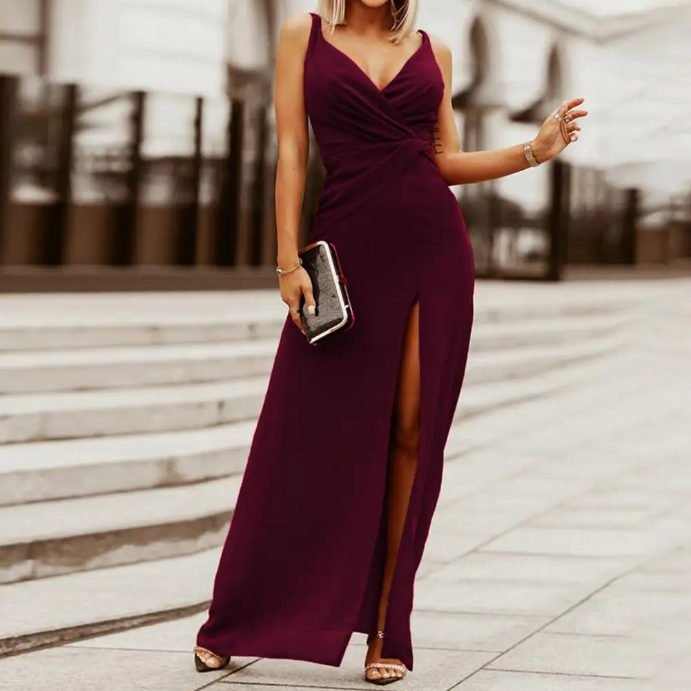 

Women Banquet Dress Solid Color Pleated Sleeveless Deep V Neck High Split Evening Dress Pure Color Women Banquet Dress