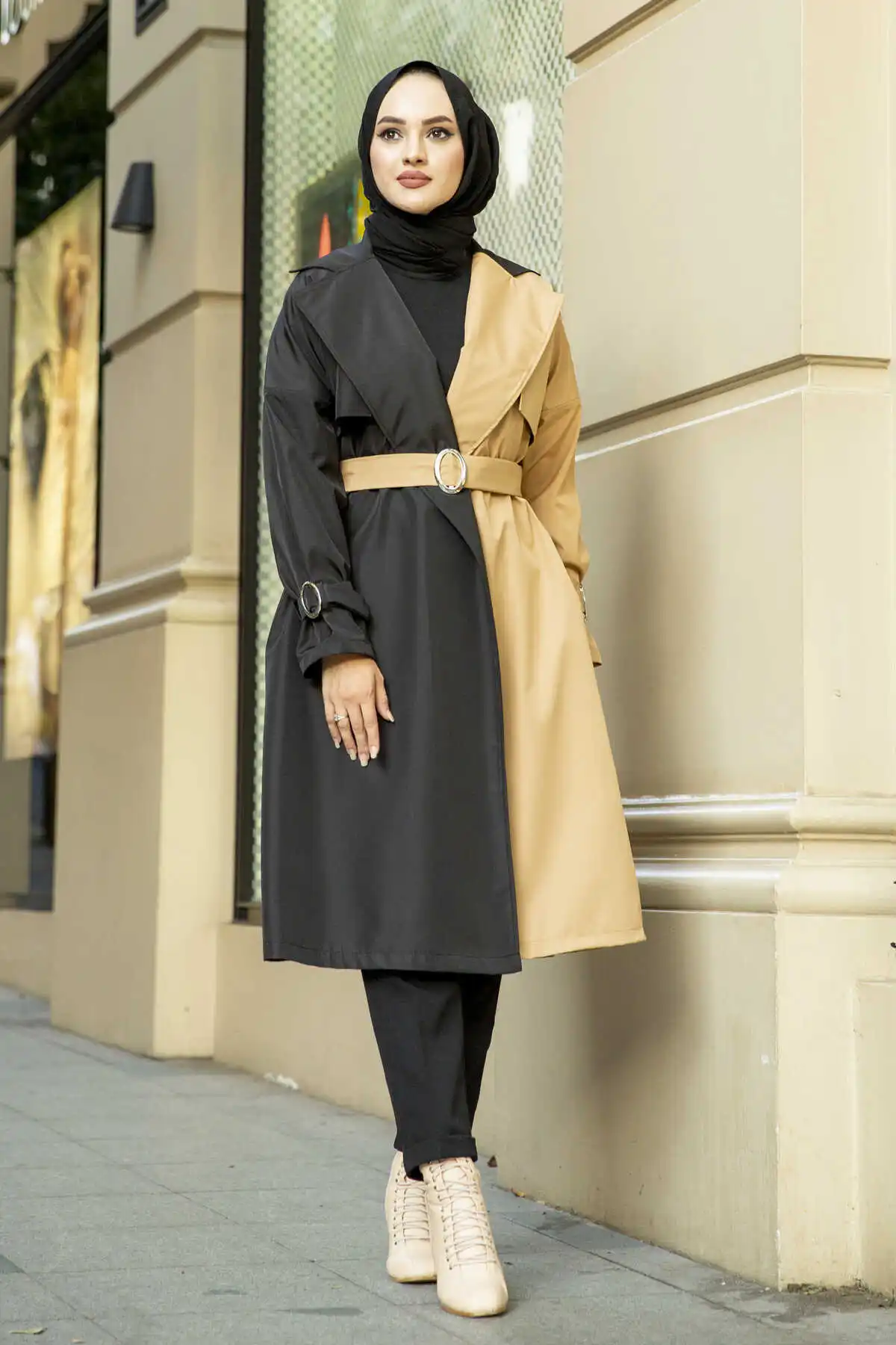 Double Color Trench Coat MD-Black