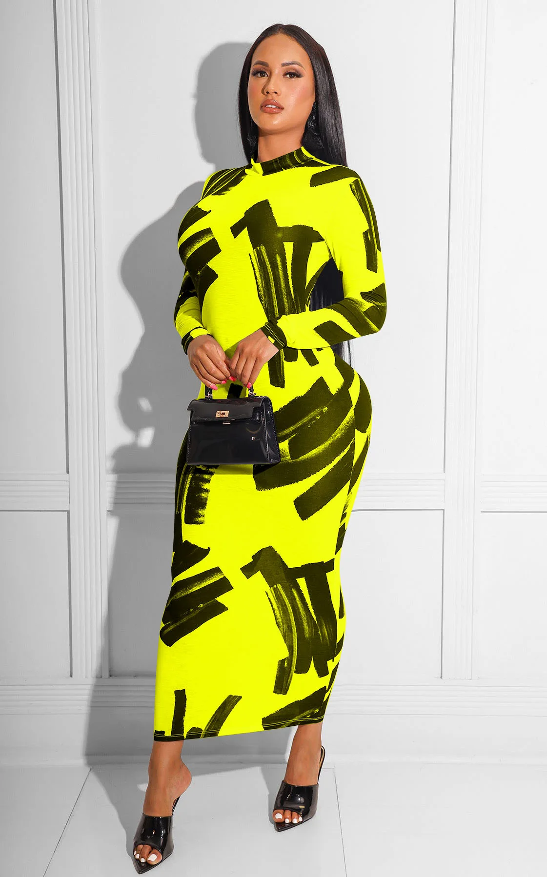 

Женское длинное платье с круглым вырезом, длинным рукавом и принтом