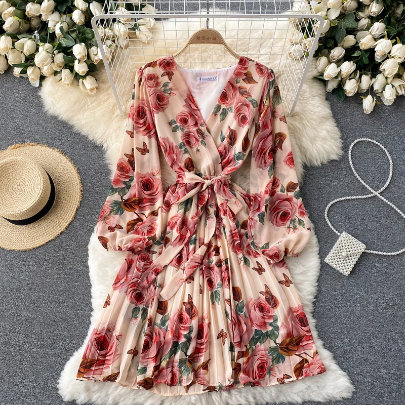 

Spring Women Floral Draped Mini Dress Bohemian Female V-Neck Puff Long Sleeve High Waist Bandage Pleated Vestido Female Robe New