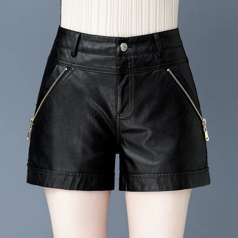 UHYTGF Spring And Autumn Leather Shorts Women's Korean Wide Leg Pants Ladies Casual PU Leather A-Line Pants New Female Pant 01
