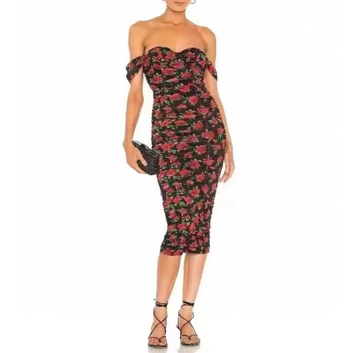 

Women Sexy Rose Print Slim dress Fishbone Wrapped Chest Bodycon Dress