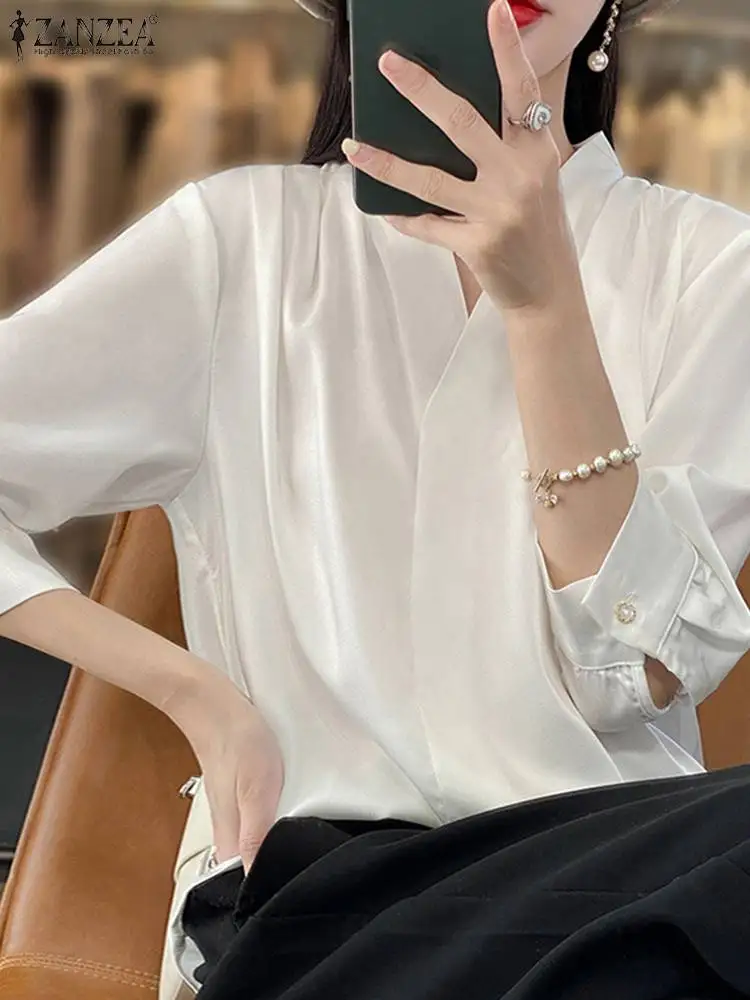 

ZANZEA Woman Fashion Solid Color Shirt Autumn Casual Satin Blouse Female Long Sleeve V-Neck Tunic Tops Elegant Blusas Mujer 2023
