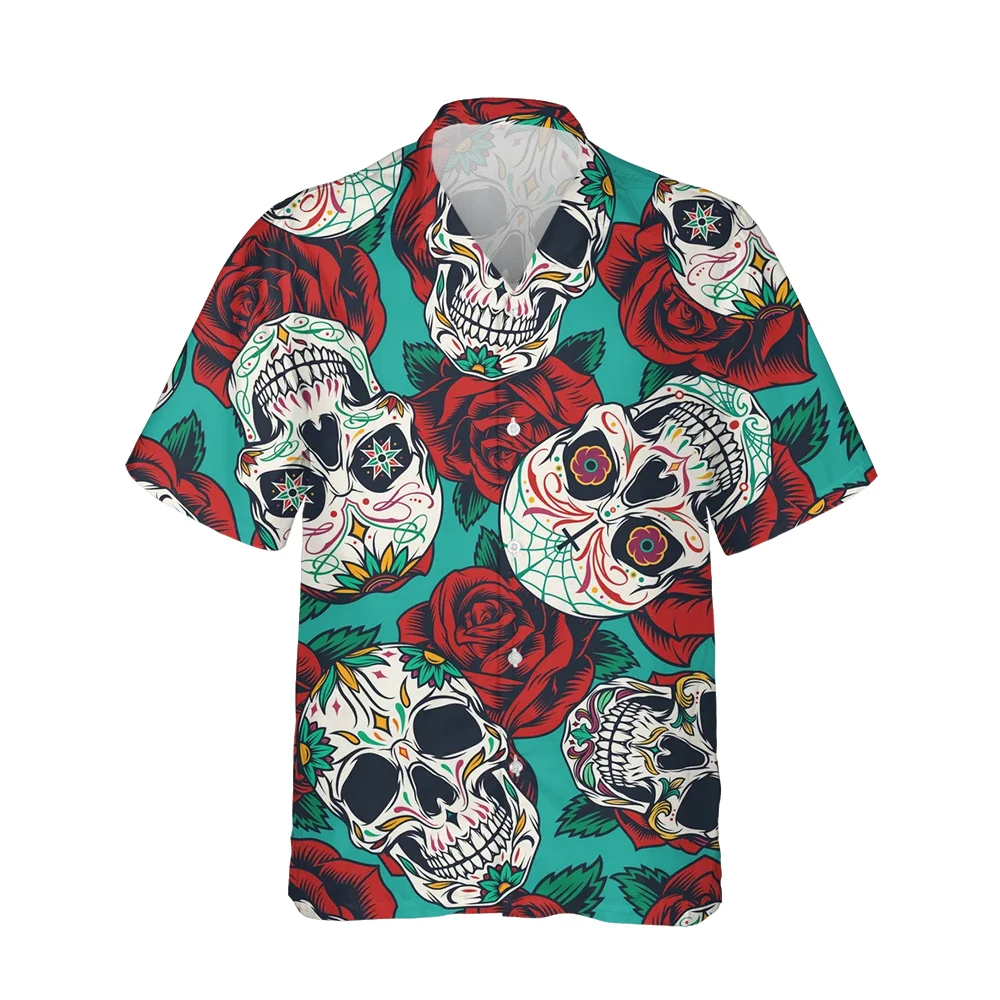 

Рубашка мужская с коротким рукавом, Готическая блуза с 3d принтом черепа, розы, Гавайская Повседневная Свободная уличная одежда в стиле хип-х...
