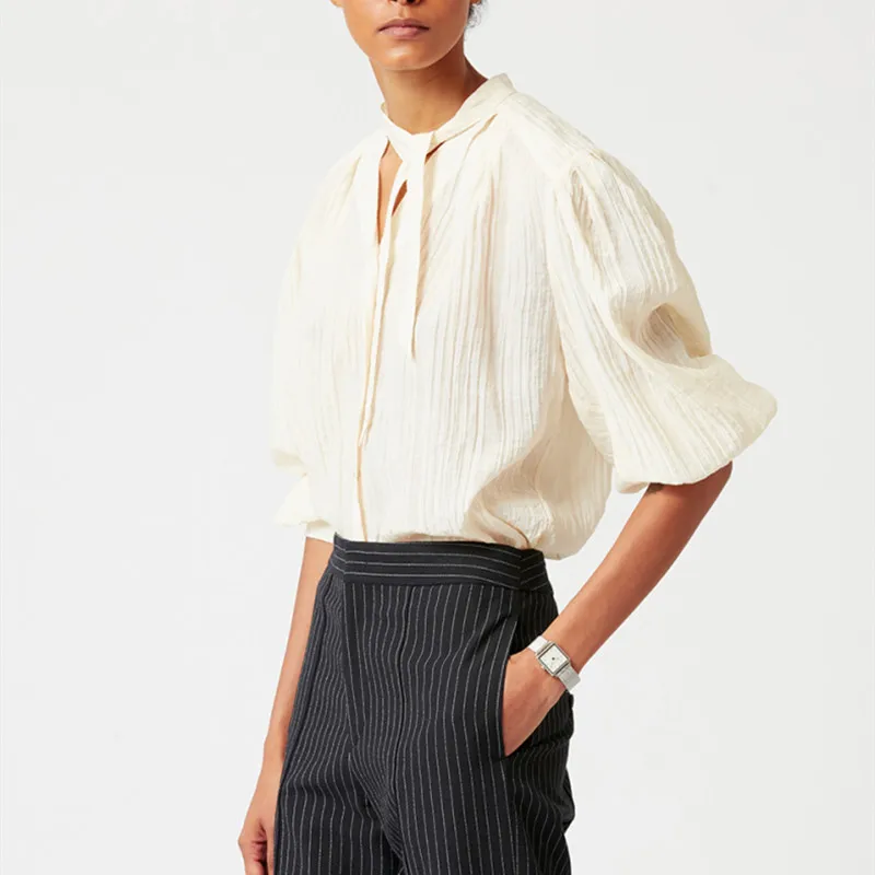 

Женская однобортная плиссированная рубашка, свободная блузка на шнуровке с длинным рукавом, весна-лето 2022