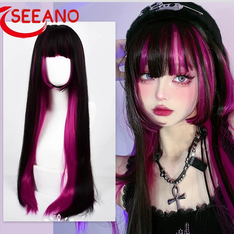 

SEEANO 80cm Synthetic Long Straight Cosplay Wig With Bang Pink Blue White Lolita Wig Women Halloween Cosplay Wig Female