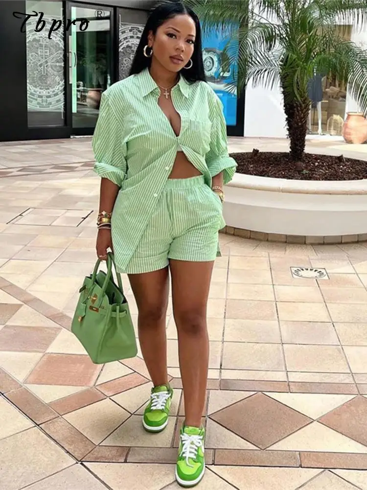 

Woman Striped Long Sleeve Shirt Shorts Sexy Fashion Casual Loose Single Breasted Two-piece Suit 2022 Summer Casual Style Suit