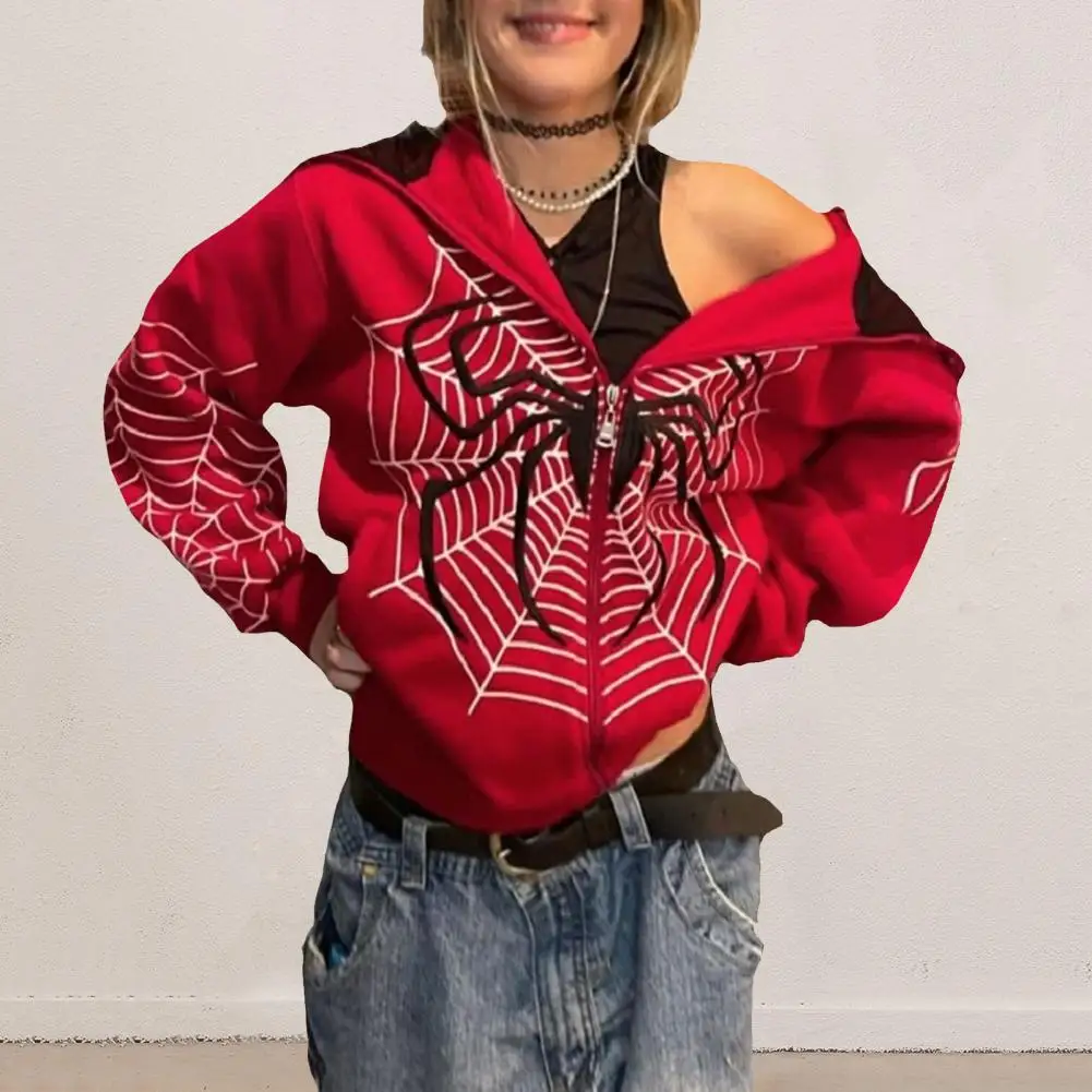 

Women Hoodies Spider-Web Printed Jackets Streetwear Gothic Style Vintage Zip-Up Hooded Coat Autumn Winter ropa de mujer