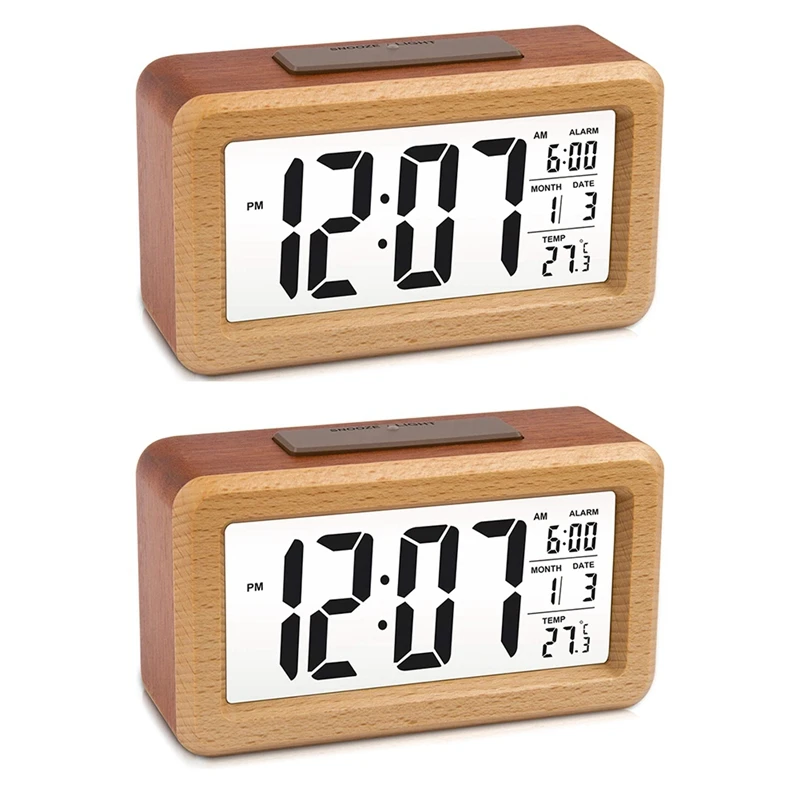 

2X Wooden Large LED Digital Alarm Clock, Smart Sensor Night Light With Snooze, Date, Temperature, 12/24Hr Switchable