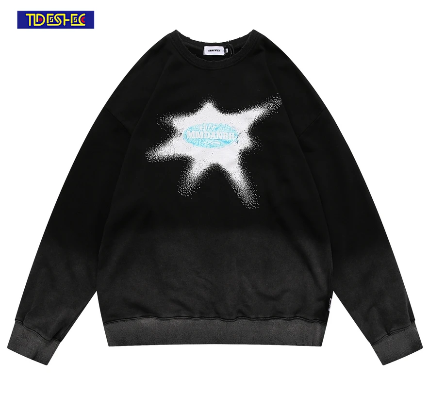 

2023 Harajuku Punk Gothic Loose Long Sleeve Hip Hop Streetwear Washed Pullover Retro Graphic Print Tie Dye Gradient Sweatshirts