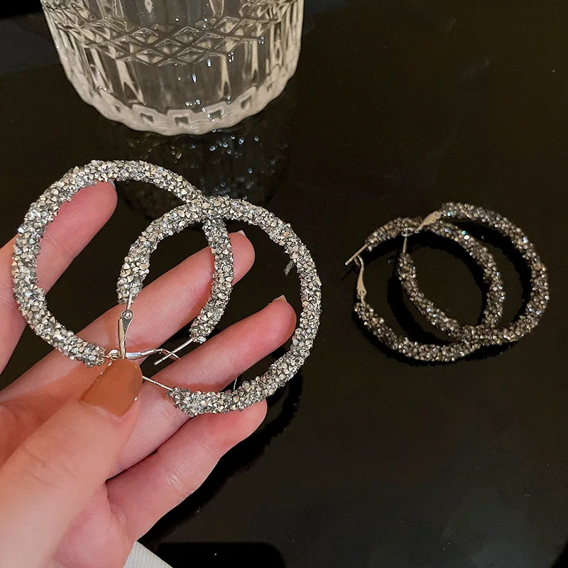 

HIYONG Korean Fashion Crystal Hoop Earrings Big Round Shiny Rhinestone Earrings Luxury Design Earring Women Party Accessories
