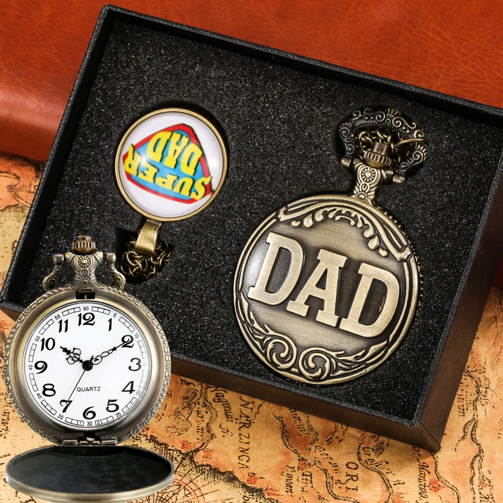 Mens Quartz Pocket Watch Antique Steampunk Bronze Pocket Watch Gifts Set for Father's Day Necklace Pedent with Chain Fob Clock