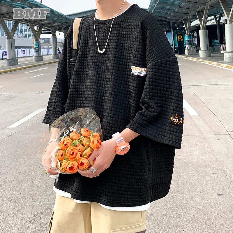 

Korean Streetwear Fashion Hip Hop Oversized Couple T-Shirt Summer Waffle Plaid Plus Size Short Sleeve Kpop Clothes Harajuku Tops