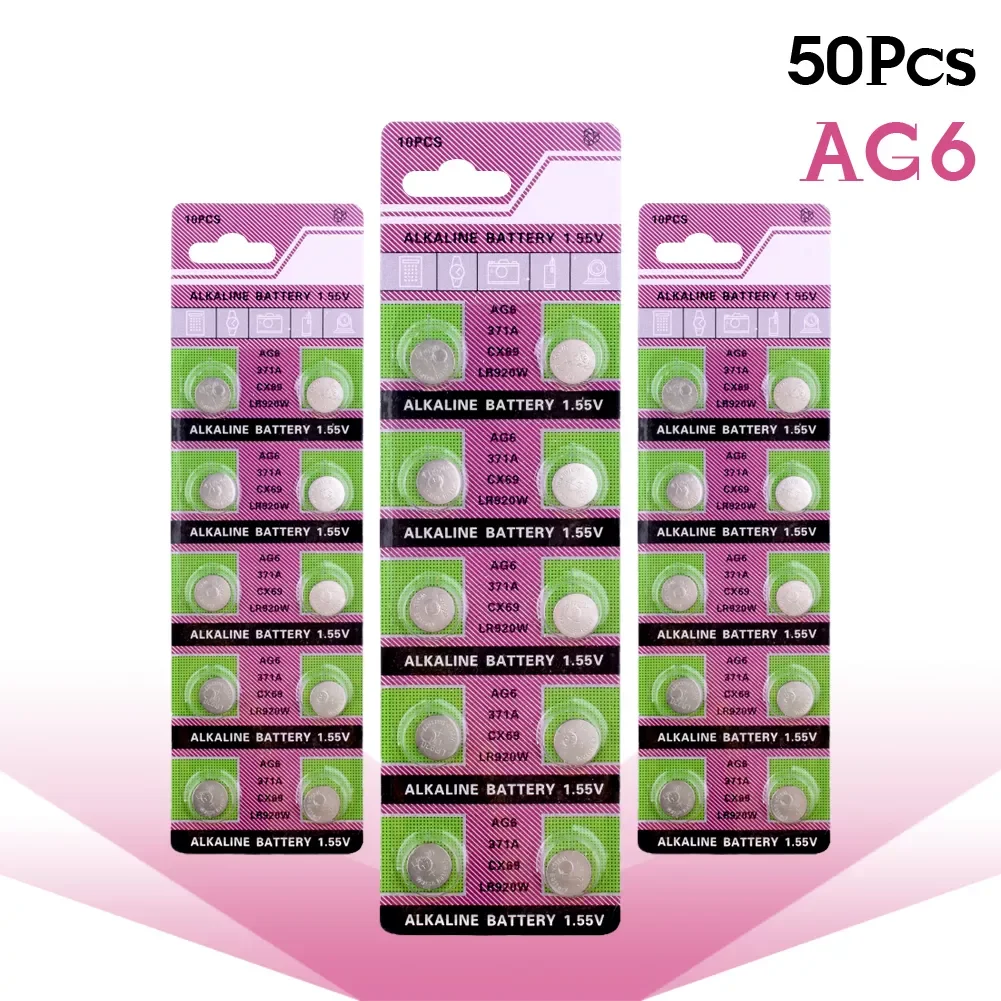 

YCDC Button Battery 50pcs AG6 Alkaline Batteries SR290SW SR920SW V371 D371 LR920SW LR921 SG6 SR69 SB-AN 280-31 Coin Cell
