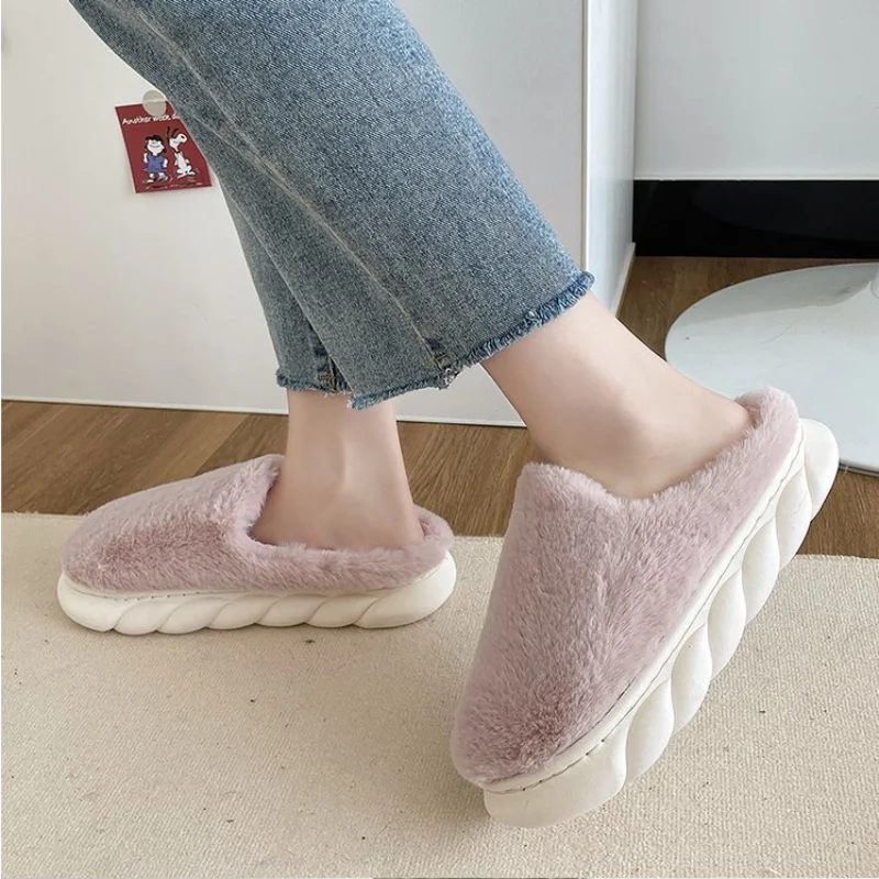 

Однотонные меховые тапочки, Осень-зима, женские домашние тапочки для деревянного пола, Нескользящие теплые хлопковые тапочки, зимняя женск...