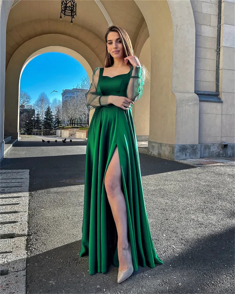 Women Satin Prom Evening Dress Sexy Square Collar Hollow Long Sleeve Party Dress Elegant High Split  A-Line Bridesmaid Dresses
