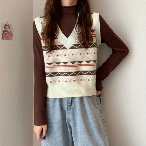 Japan Princess Spring Chic Fall V-neck Girls Sweater Vest Loose Knit Outer Wear Leisure Clothing Coat Top Cloth for Women Girl