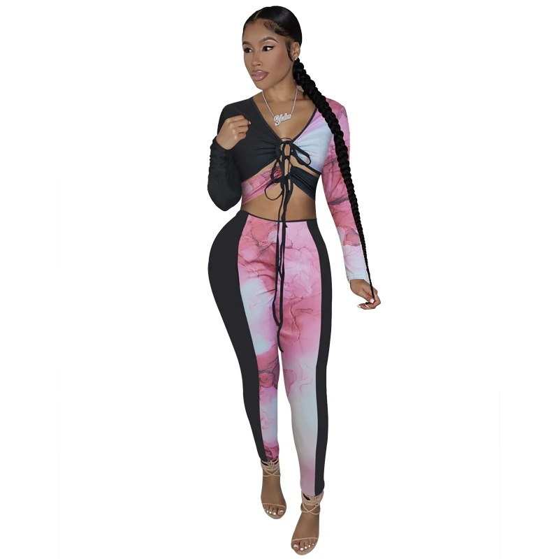 

Two Piece Pant Suits Sets Women Lace Up Crop Tops And Trousers Outfits 2022 Fashion New Panelled Street Style Sexy Matching Set
