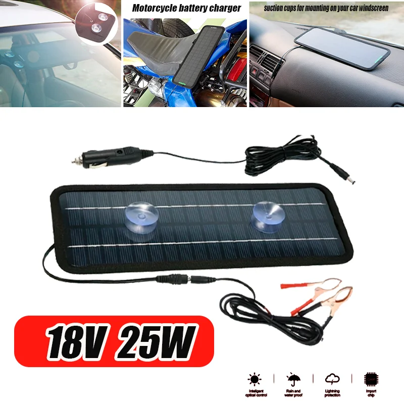 

25W 18V DC Output Monocrystalline Solar Panel Charger With Car Cigarette Lighter Plug + Battery Charging Alligator Clip Cable